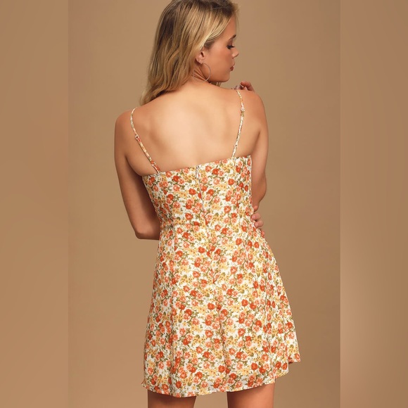 Lulu's Cream Floral Spaghetti-Strap Mini Dress with Orange & Green Accent - Picture 4 of 7